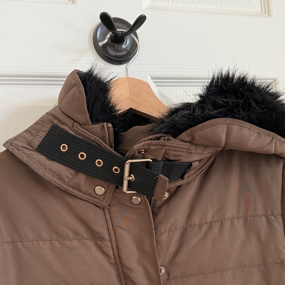 Zara Basic Tan Puffer Jacket With Black Faux Fur - image 4